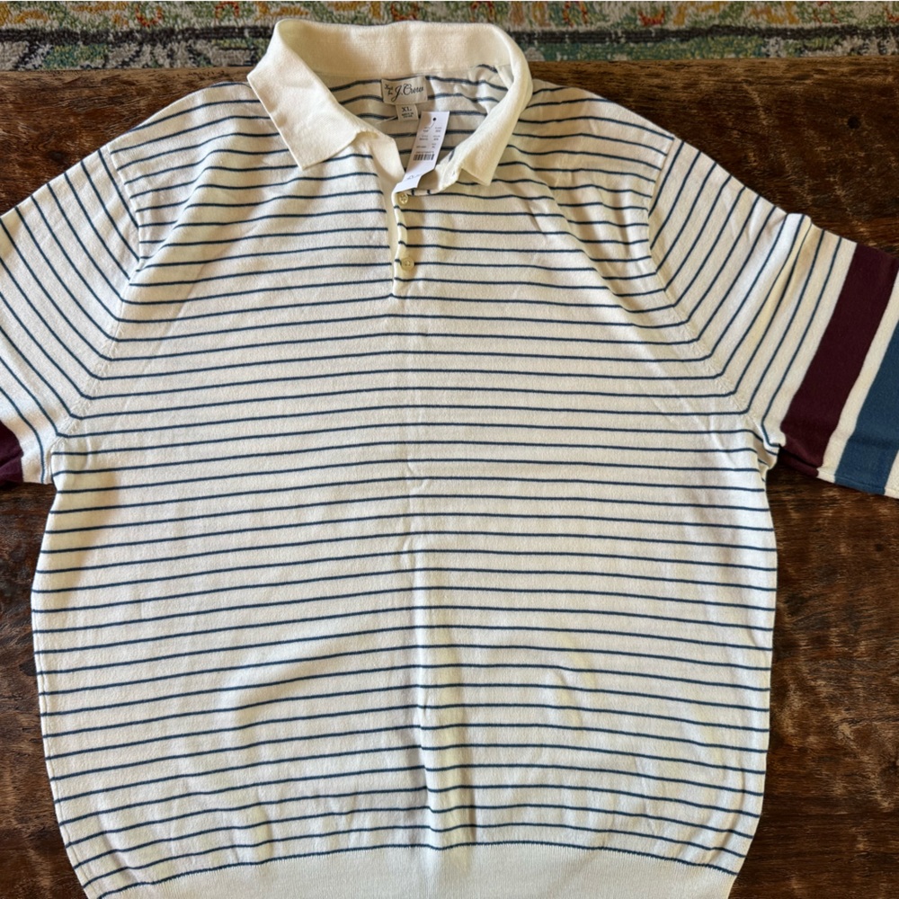 J. Crew Cream and Blue Striped Crewneck Sweater